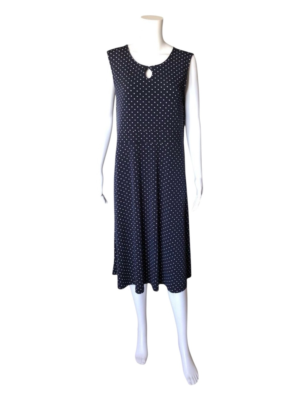 Christopher & Banks Midi Dress Womens L Navy White Polka Dot Keyhole Sleeveless